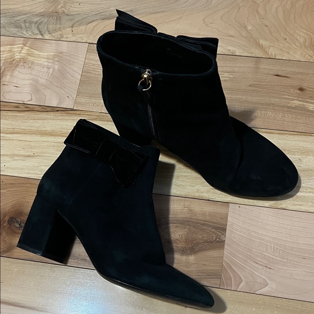 kate spade Black Suede Ankle Boots with Velvet Bow